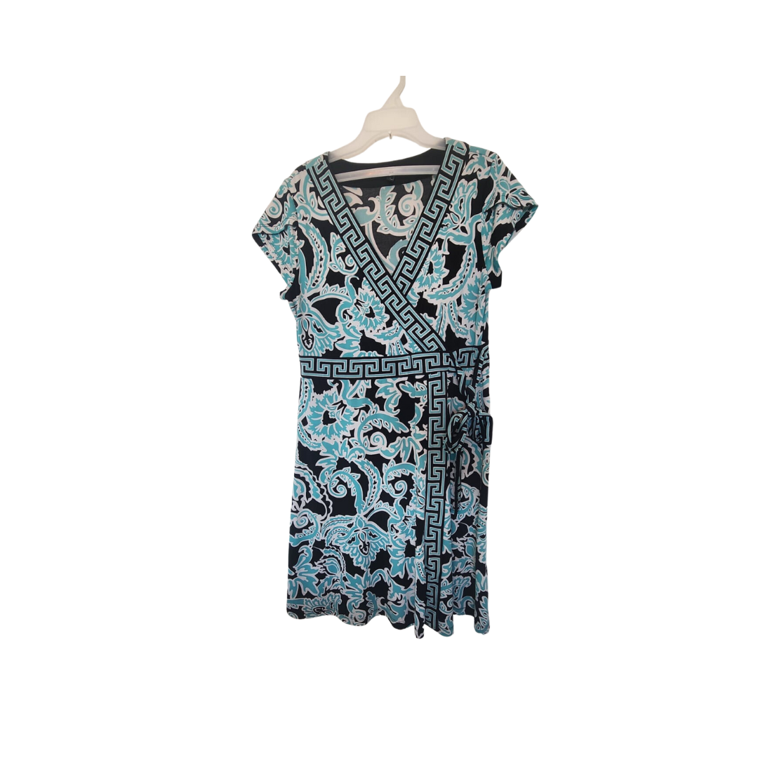 Vestido verde azulado, blanco y negro con volantes en los hombros Size Large