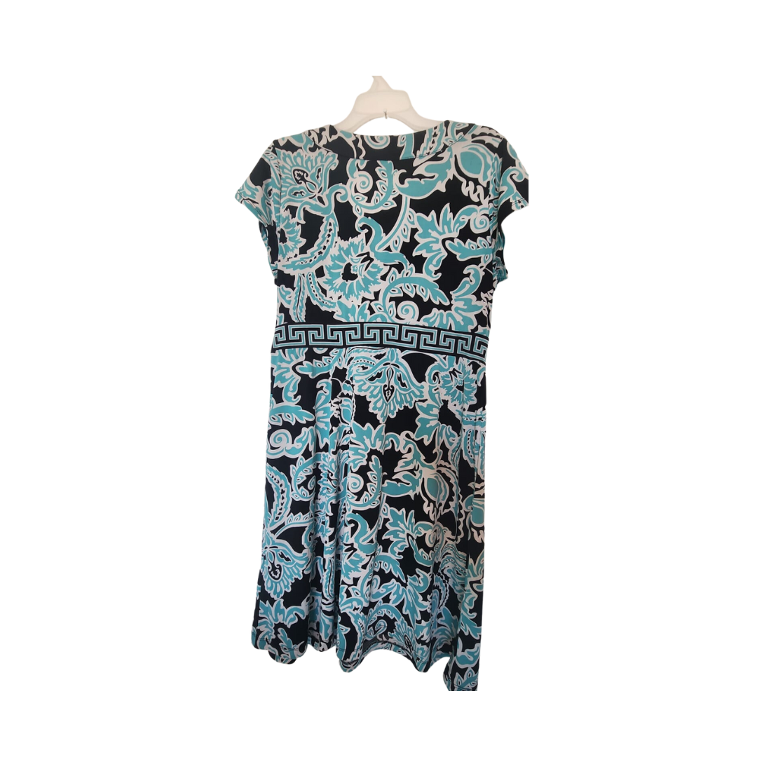 Vestido verde azulado, blanco y negro con volantes en los hombros Size Large